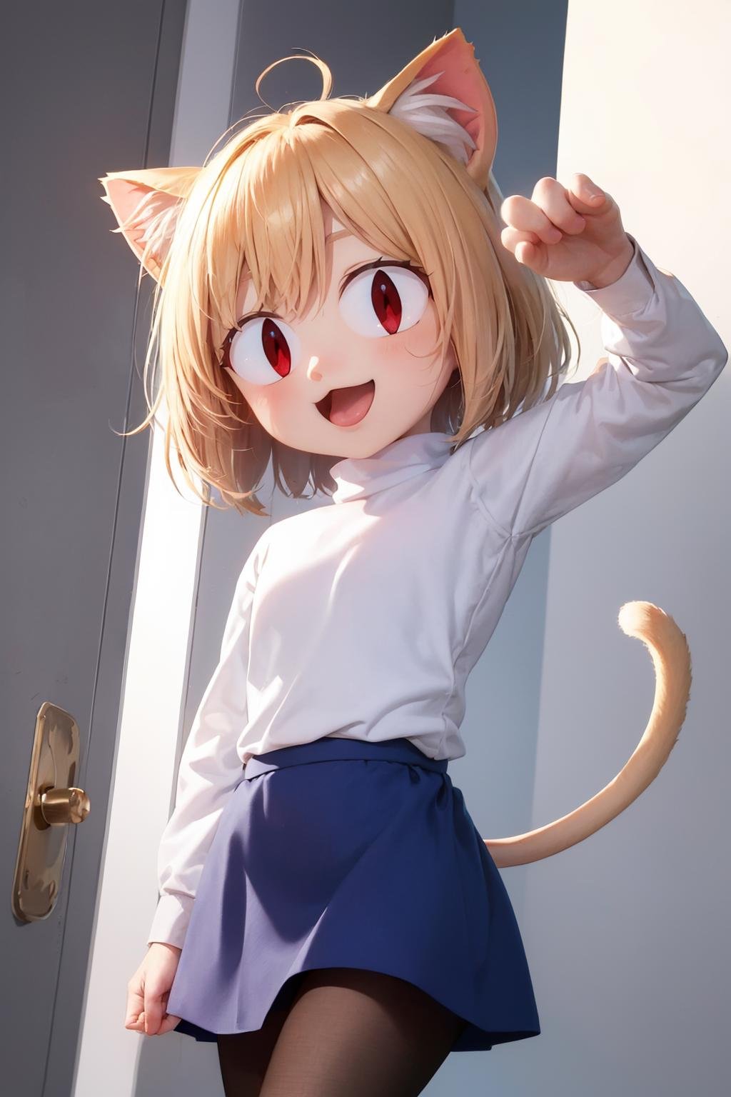 (masterpiece, best quality:1.2), <lora:neco-arc:0.9>, neco-arc, 1girl, animal ears, solo, cat ears, skirt, tail, red eyes, blonde hair, slit pupils, pantyhose, open mouth, :3, cat tail, looking at viewer, black pantyhose, blue skirt, smile, bangs, chibi, antenna hair, short hair, long sleeves, white sweater, sweater, cat girl, :d, shirt, turtleneck, white shirt, star \(sky\), miniskirt, arm up, parody, cowboy shot, standing