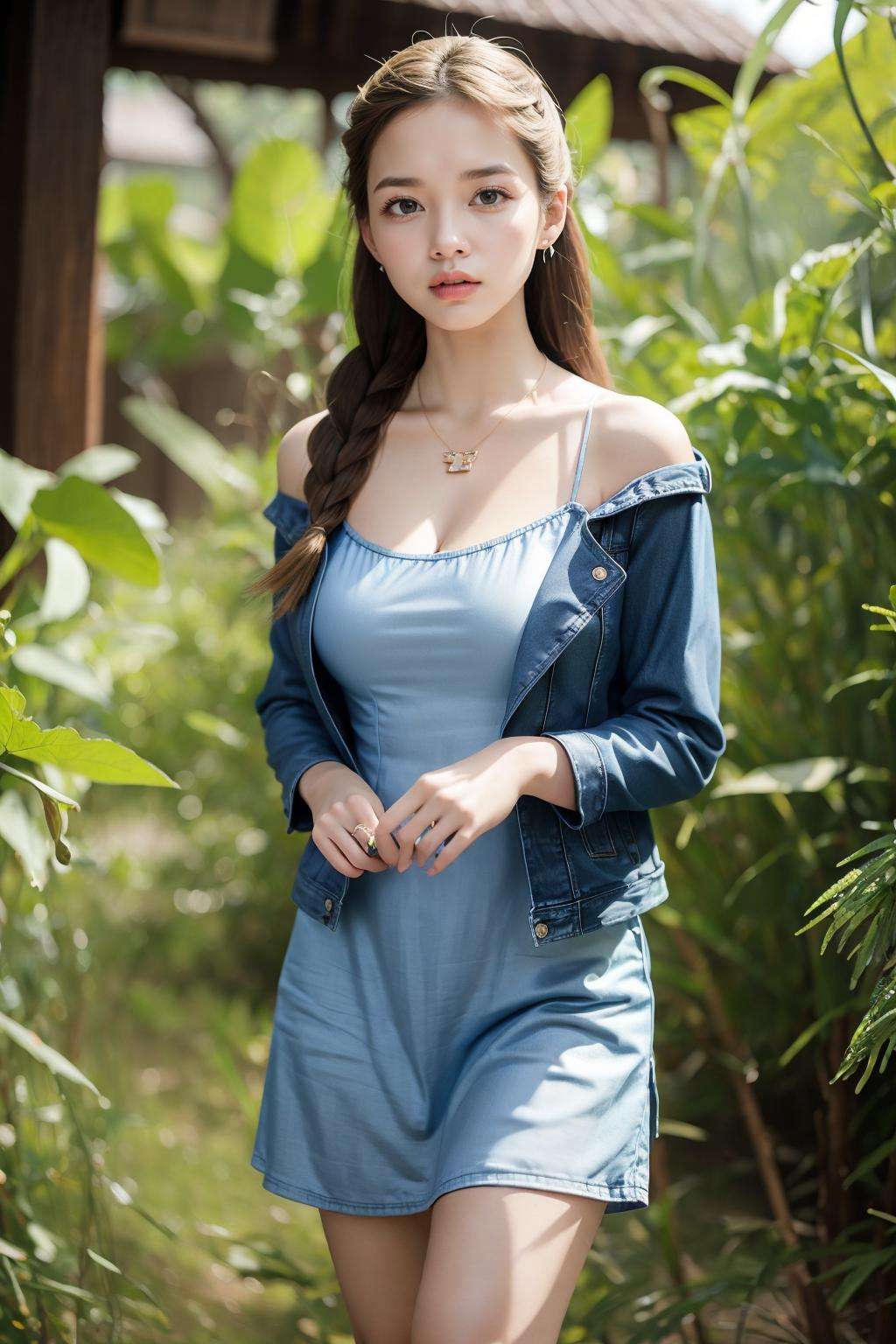 (bare shoulder, sexy,cleavage,:1.1), portrait, large breast, masterpiece,ultra realistic,32k,extremely detailed CG unity 8k wallpaper, best quality,(spring day ),lady ,necklace ,eardrop, Bali, Indonesia, ( electric red Wear a satin slip dress with a denim jacket ) , Honey blonde hair low twin braids ,