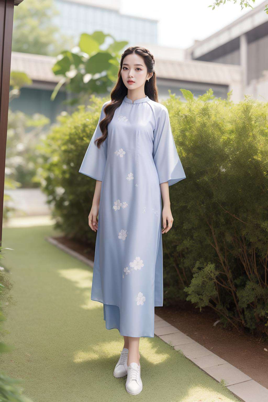 ( long hair, two-tone hair hair:1.1),Acid colors aodai,(full body:1.2),white shoes,(lady:1.2), brown eyes, 🤑, ultra realistic,32k,RAW photo, Wormhole, (masterpiece,best quality:1.5)