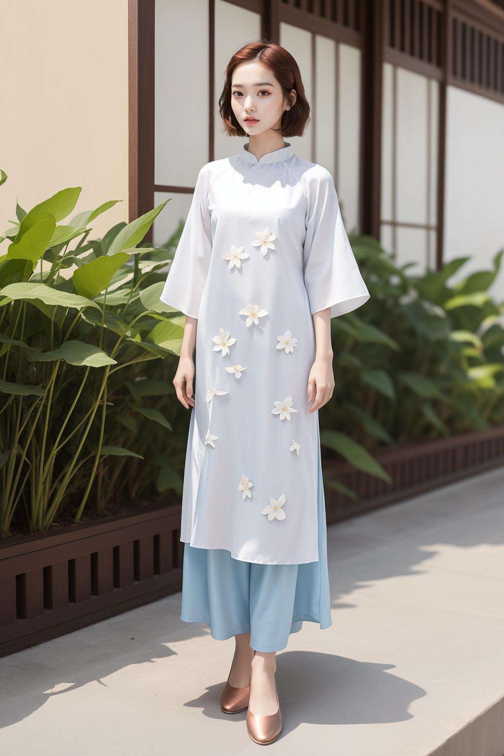 ( short hair , Copper hair:1.1),DayGlo yellow aodai,(full body:1.2),white shoes,(lady:1.2), brown eyes, 🤑, ultra realistic,32k,RAW photo, Saudi Arabia, (masterpiece,best quality:1.5)