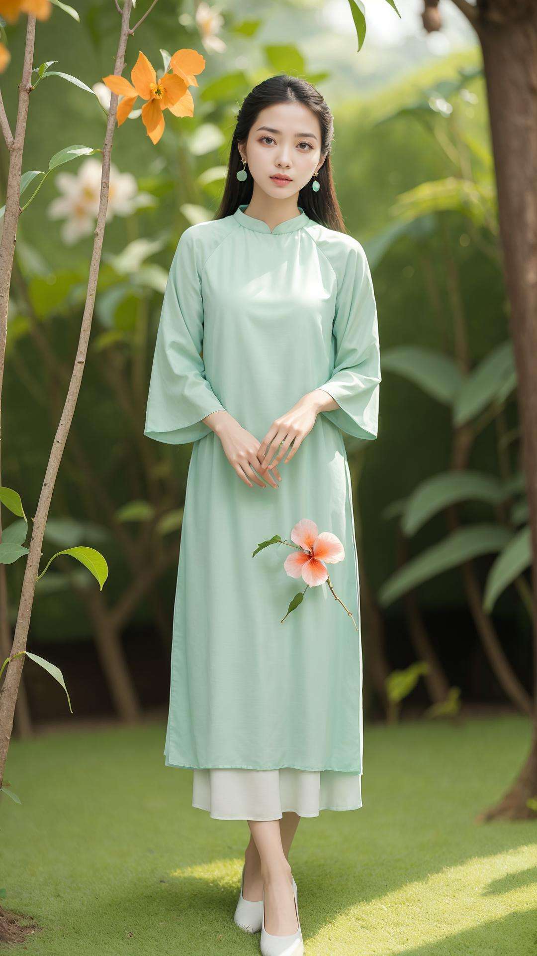 (masterpiece, best quality:1.5),(Green background ,studio :1.3),(🌺 ,🌸 ,🪻 ,🎋),lady, full body, black hair, brown eyes, long hair , electric orange aodai, white shoes  , earring,