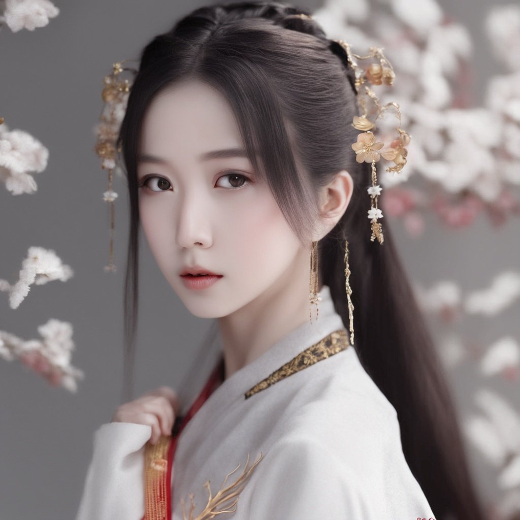 chinese classical women,sakura,golden hairpin,real skin texture,realistic visuals,