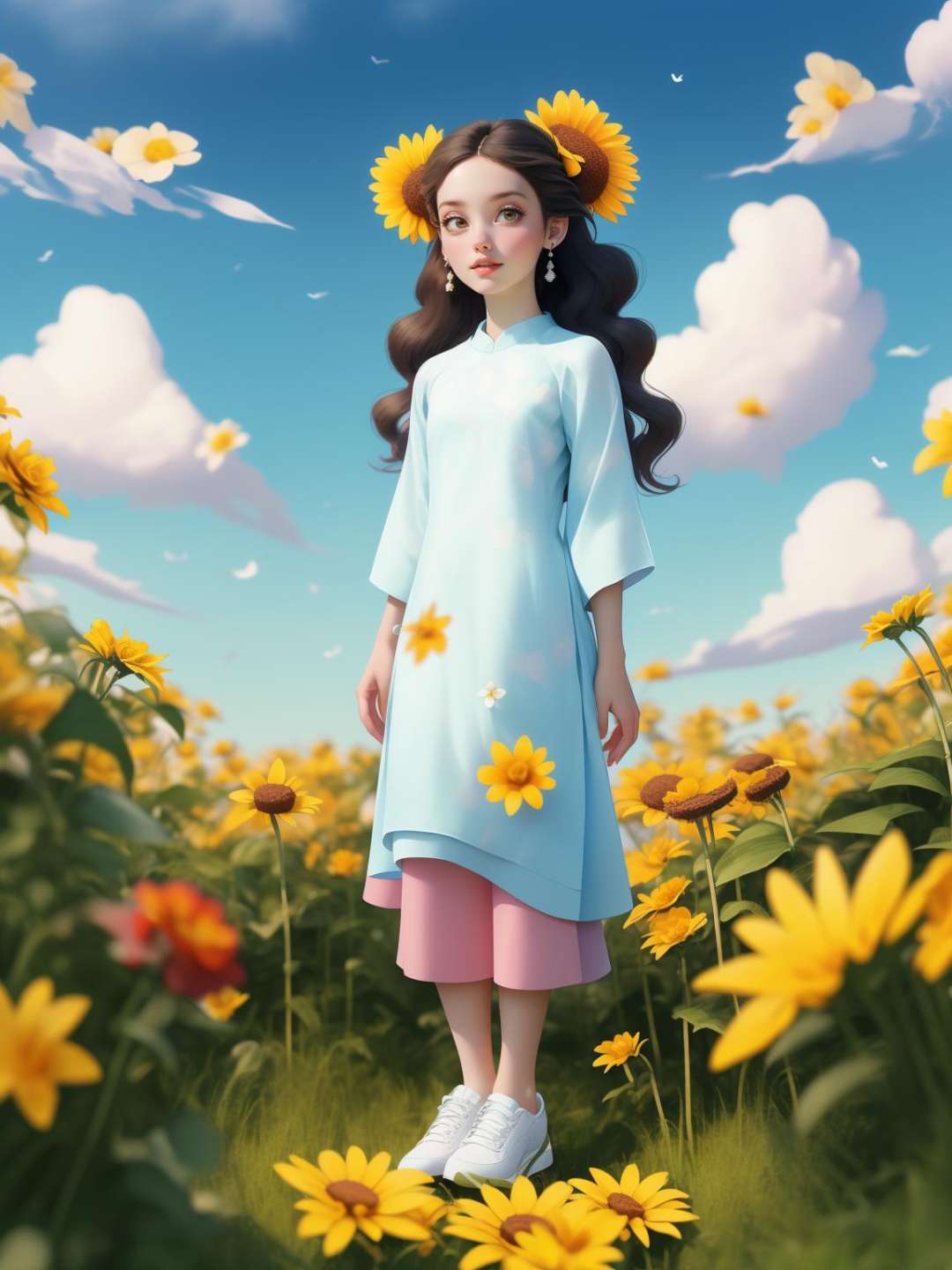 (masterpiece, best quality:1.5),(cloud,sky, wavy,🌾 ,🌹,🌼 ,🌻 :1.3)lady, full body, black hair, brown eyes, long hair , Colorful aodai, white shoes, earring,