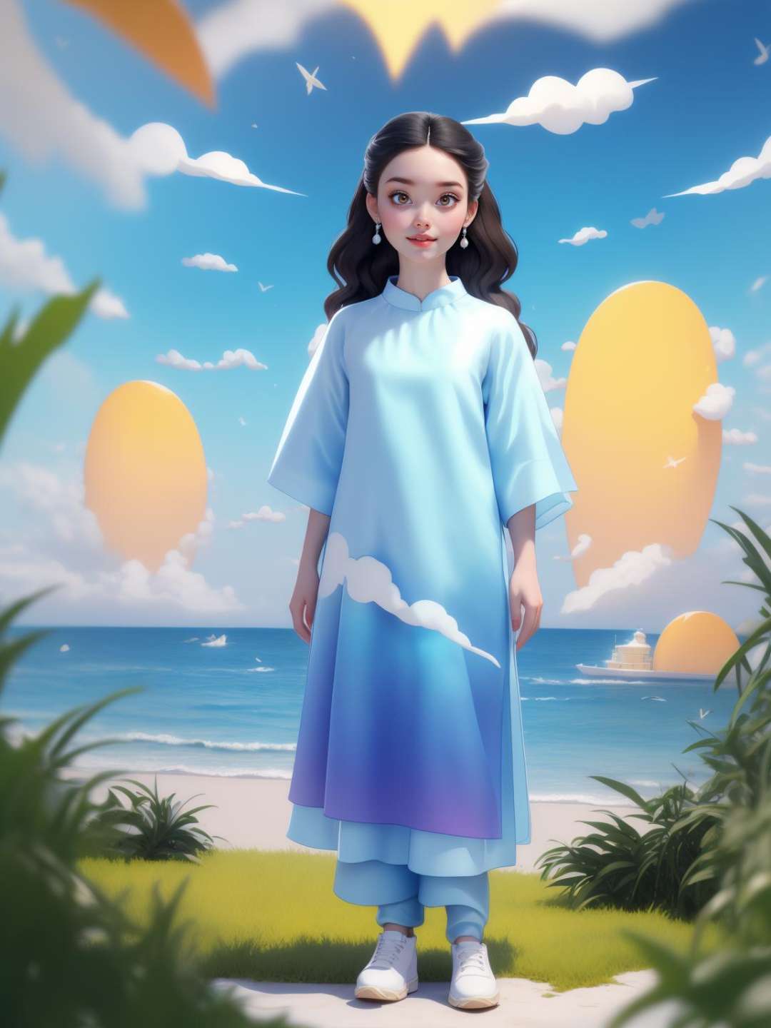 (masterpiece, best quality:1.5),(cloud,sky, wavy,🪴,🪻 :1.3)lady, full body, black hair, brown eyes, simple side brad hair , Iridescent aodai, white shoes, earring,