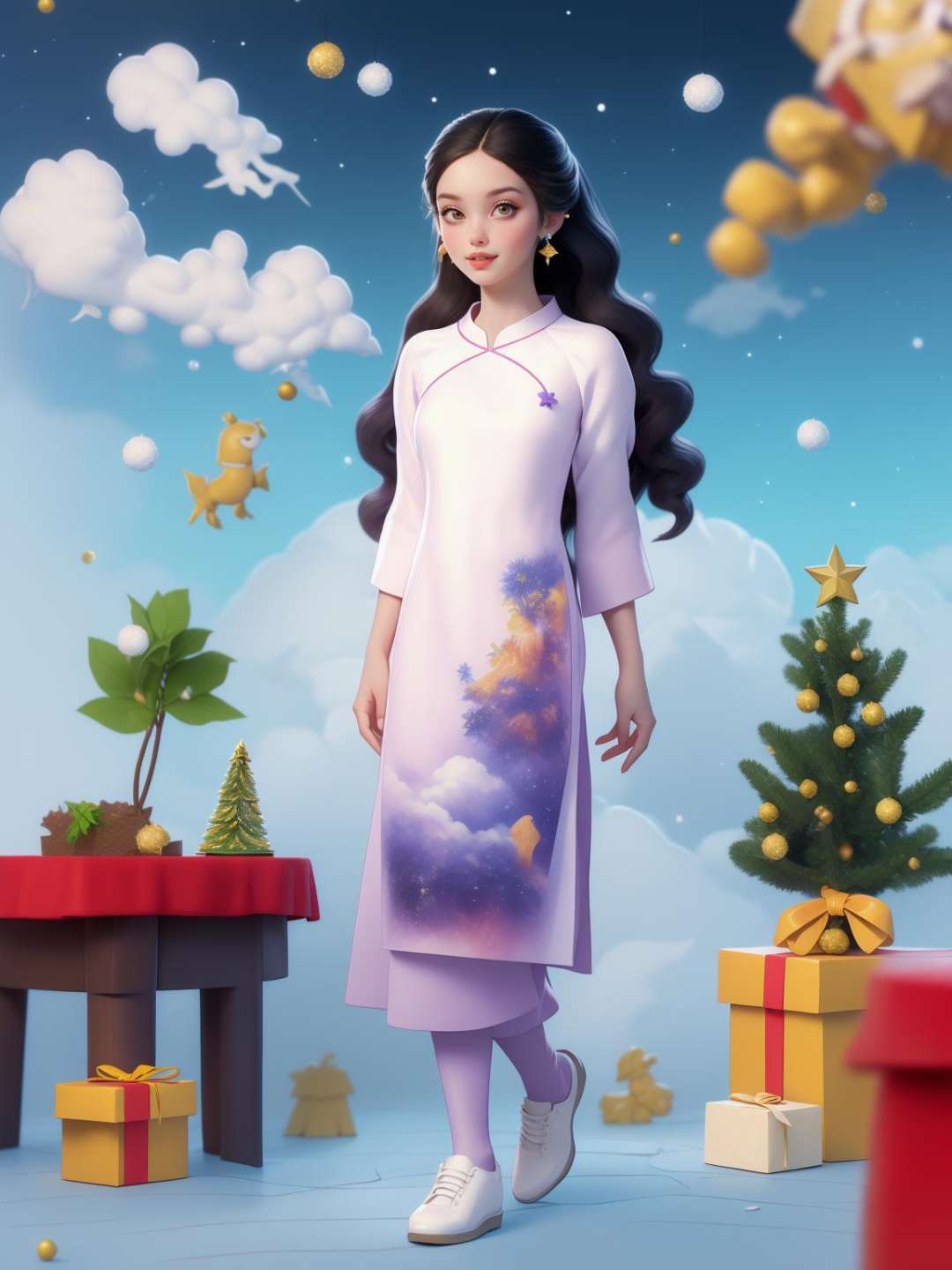 (masterpiece, best quality:1.5),(cloud,sky, wavy,🪴,🎄:1.3)lady, full body, black hair, brown eyes, long hair , Violet aodai, white shoes, earring,