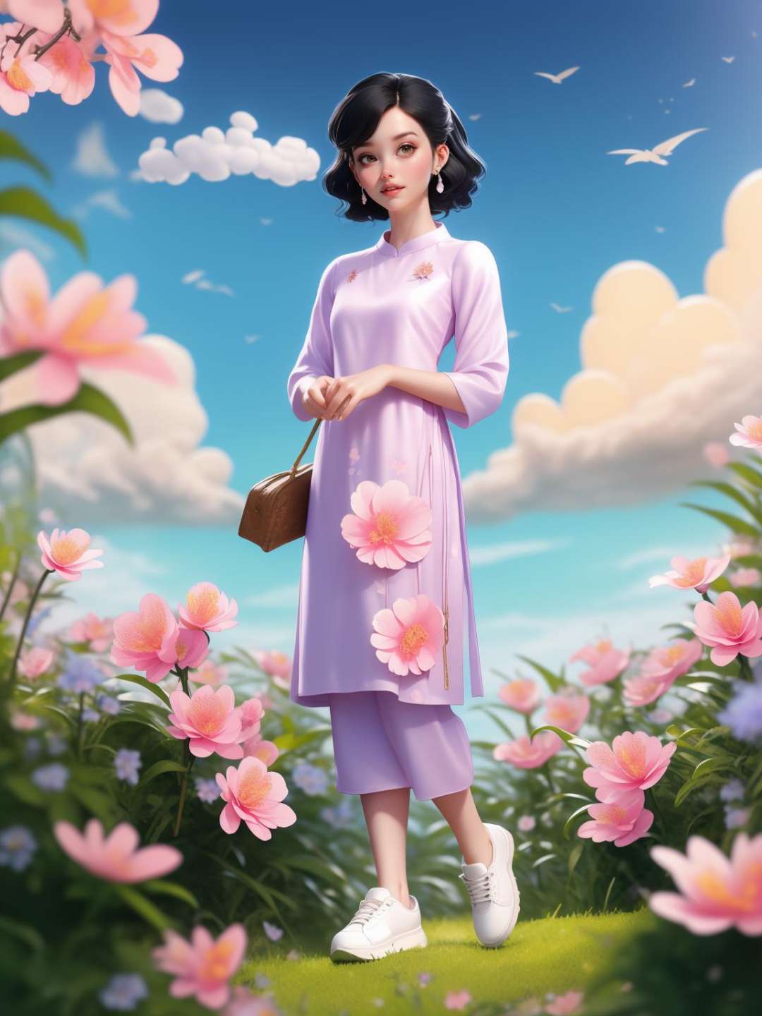 (masterpiece, best quality:1.5),(cloud,sky, wavy,🌸 ,🪴:1.3)lady, full body, black hair, brown eyes, short hair , cheetah print aodai, white shoes, earring,