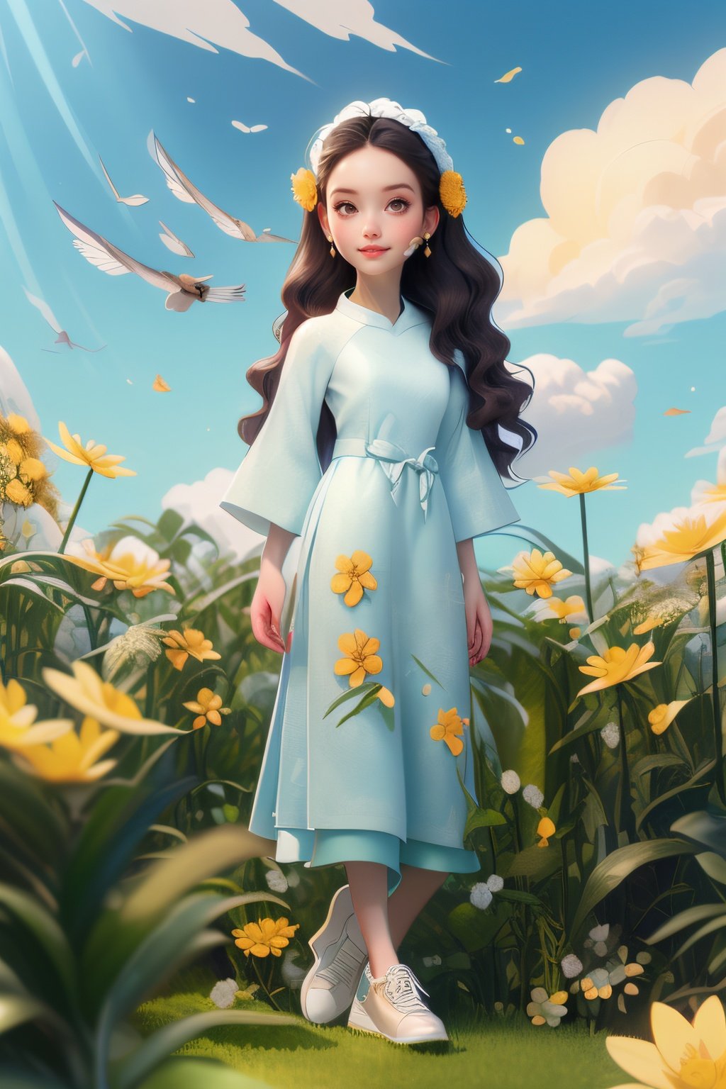 (masterpiece, best quality:1.5),(cloud,sky, wavy,🪴,🌱 ,🎍,🌼 :1.3)
lady, full body, black hair, brown eyes, long hair , deep blue aodai, white shoes, earring,
