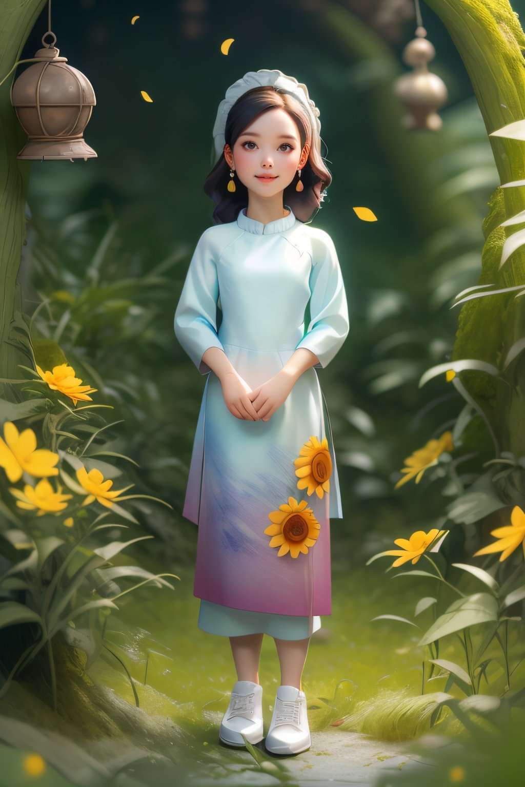 (masterpiece, best quality:1.5),(waves ,forest ,🪴,🌹,🌻 ,🌱 :1.3)
lady, full body, black hair, brown eyes, short hair , dark rainbow aodai, white shoes  , earring
