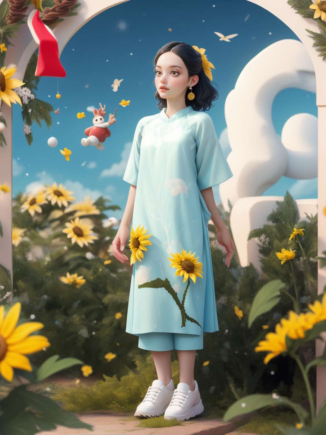 (masterpiece, best quality:1.5),(cloud,sky, wavy,🌻 ,🎄,🌾 :1.3)lady, full body, black hair, brown eyes, short hair , Colorless aodai, white shoes, earring,