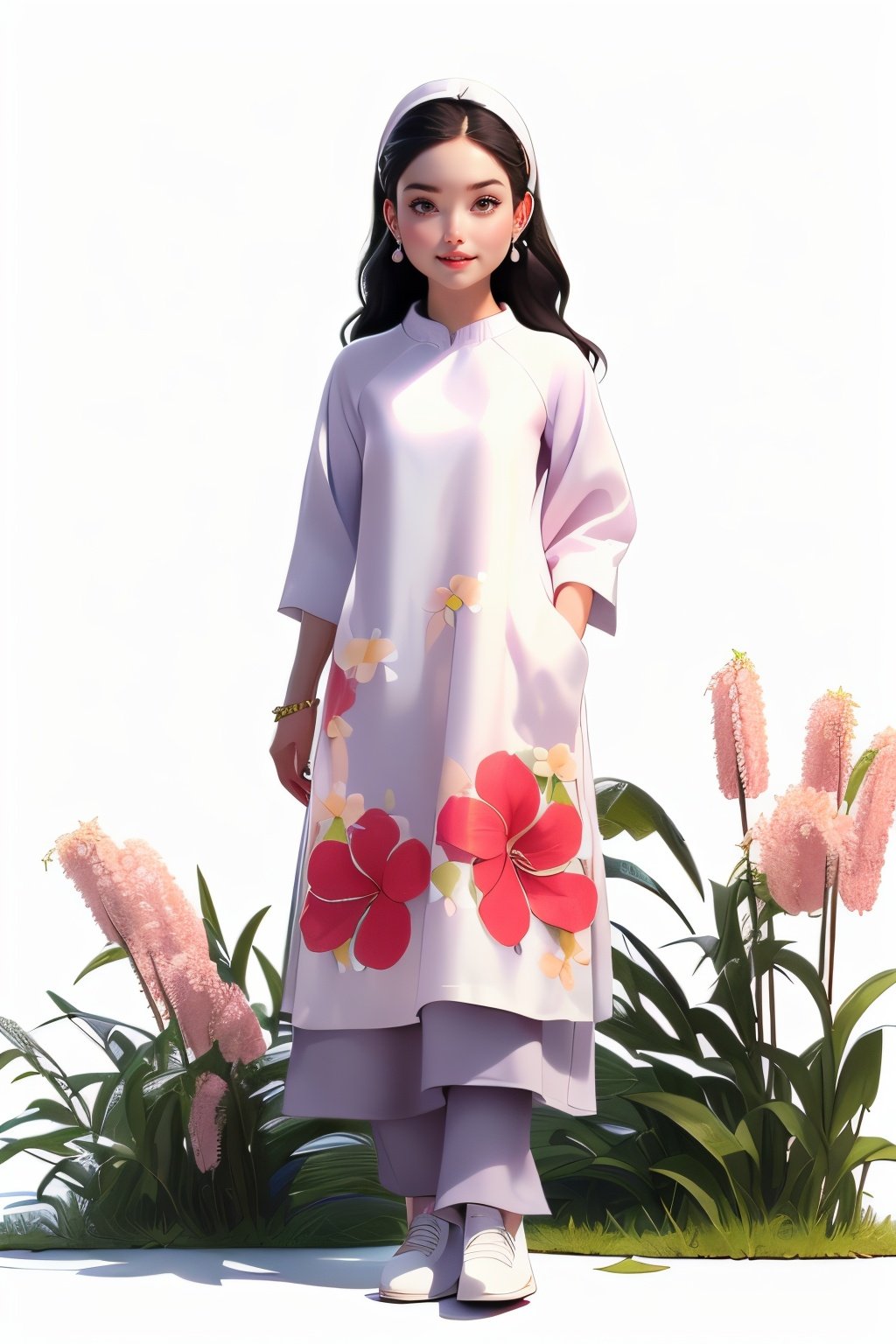 (masterpiece, best quality:1.5),(white background , 🌺, 🌸, 🪴, 🌱,  🌾:1.3)
1lady,prety, full body, black hair, brown eyes, long hair, Colorless aodai, white shoes, earring
