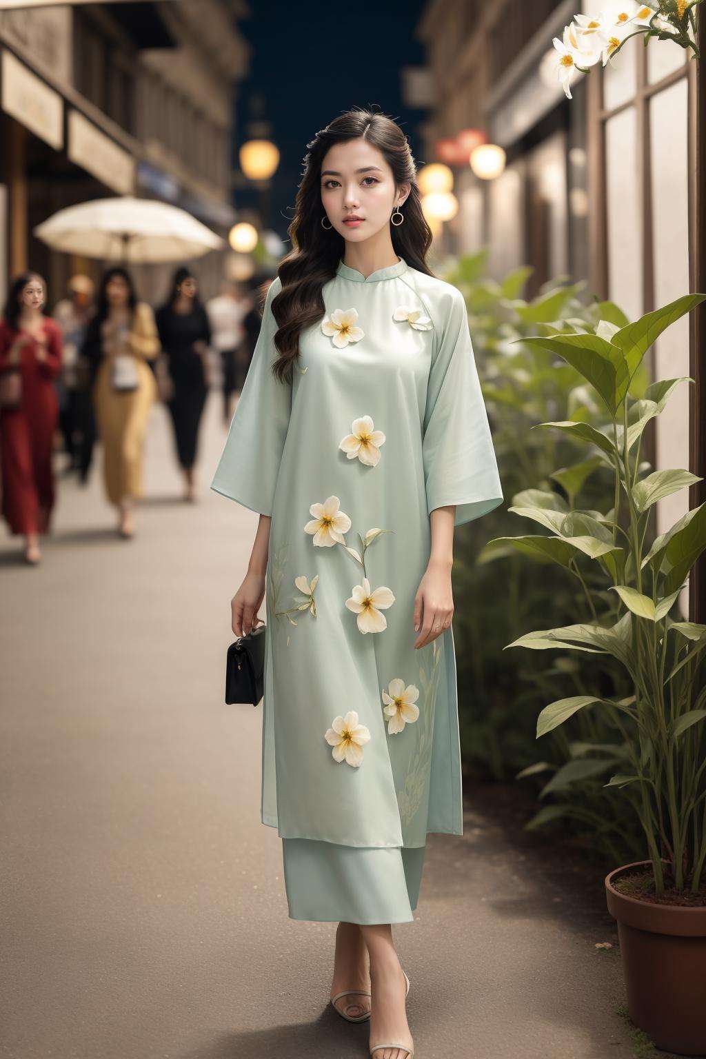 (masterpiece, best quality:1.5),(night street ,city ,🌱 ,🌺 ,🌺 ,🌼 :1.3)lady, full body, black hair, brown eyes, long hair , Beige aodai, white high heels  , earring