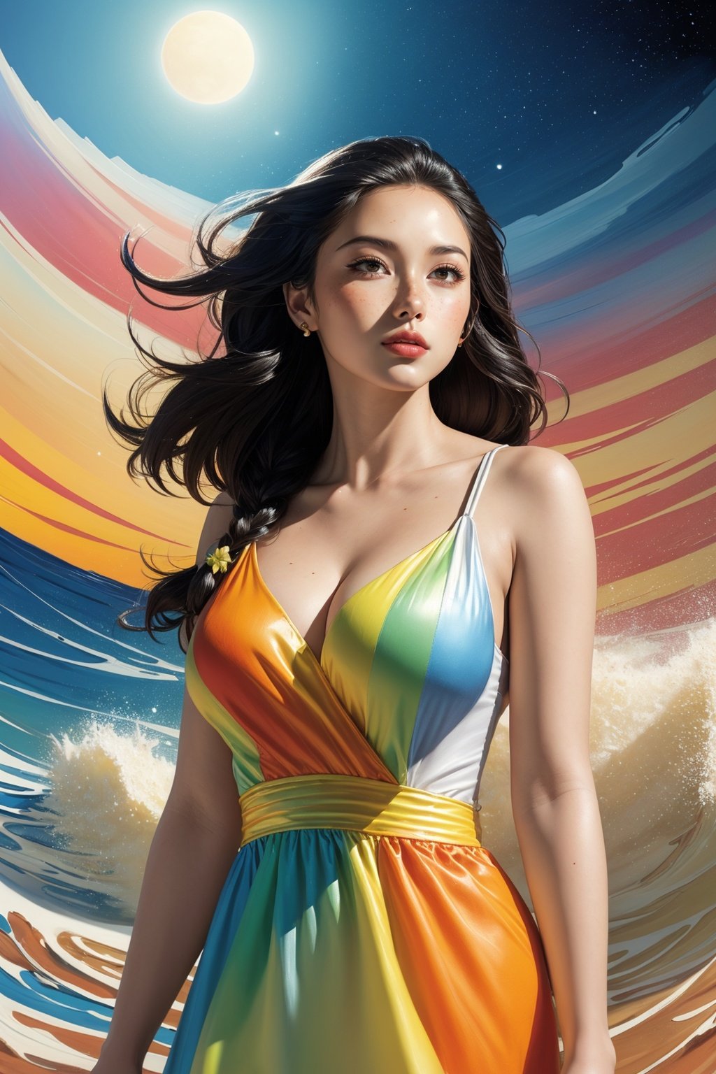 (coloful:1.1),(waves), lady,(art by marvel  studio:1.3),royal style,(🌈,🌕,⚡️,🌪️,🌊,⭐️,✨),one side braids,<lora:japanwave:0.5>,<lora:colofulportrait:0.4:MIDD2>,<lora:cloudstick-f:0.6:MIDD2>,(oil paint:1.1),Alabaster gradient background,(masterpiece,best quality:1.2), bare shoulders, collarbones, sexy, princess dresses, freckles,mole on breast,