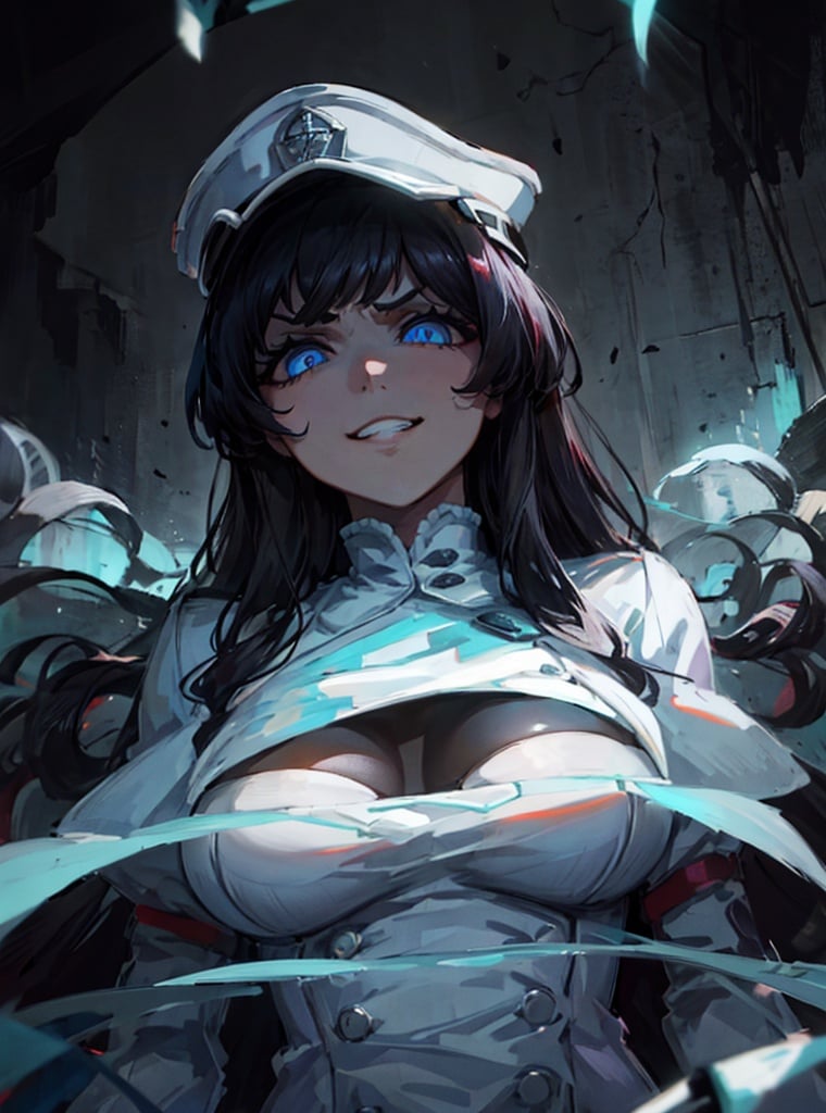 highest quality, high resolution, highres)), solo, full-leghth photo, Bambietta Basterbine ,(best quality), (ultra-detailed), (best illustration), (best shadow), masterpiece, high res, (solo, 1girl), black long curly hair, , blue neon eyes, hat, large breasts, jacket, smug grin, looking angry, crazy eyes,  sbg, leaning forward, bent forward, outdoor,((gotei 13 background)), random sexual pose, detailed street background, 2 hands, normal hands, 
