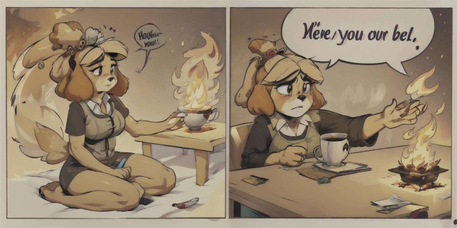 masterpiece, best quality, <lora:isabelle-12:1>, 1girl, isaCrossing, furry,  <lora:FirevfxCreateMore_v2:.6>, fire, burning, sitting, mug, table, speech bubble, english text, comic, serious, expressionless, 