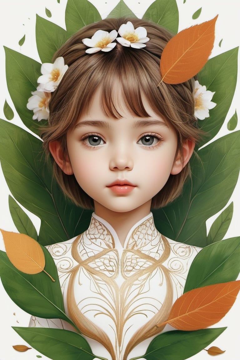 Paint a picture of the perfect balance between art and nature. a beautiful and cute little boy, Incorporate elements like flowers, leaves, animals, and other natural patterns to create a unique and intricate design, symmetrical,perfect_symmetry,Leonardo Style,oni style, line_art,3d style, white background,vector art illustration