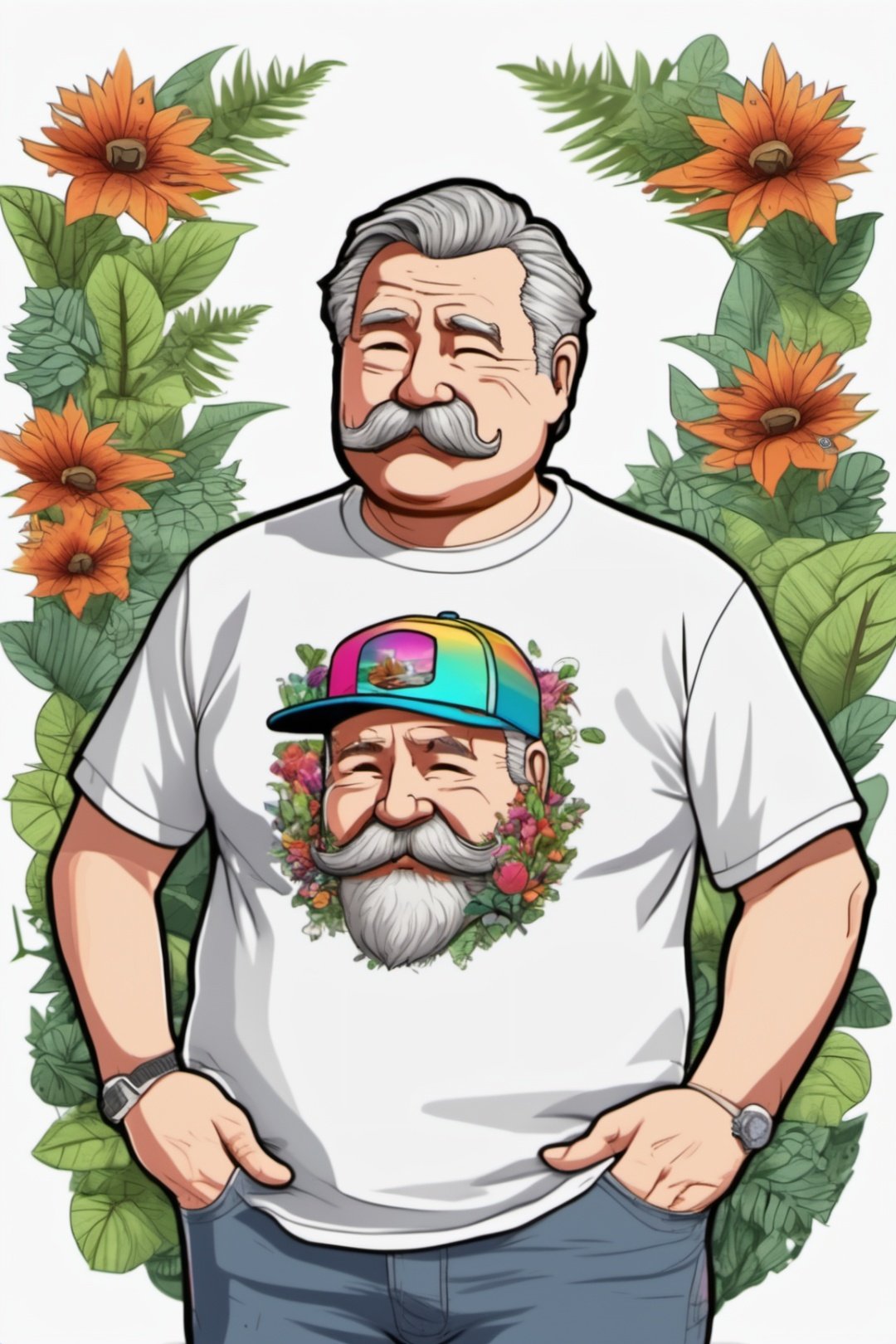 vectorArt, illustration, lots of details galaxy, a 65 years old chubby man, mustache, white background, t-shirt design, streetwear design, professional vector, full design, only 6 colors, solid, no shadows, full design, warm colors, plants, pendleton isometric patterns, sticker, bright colors,vector art illustration