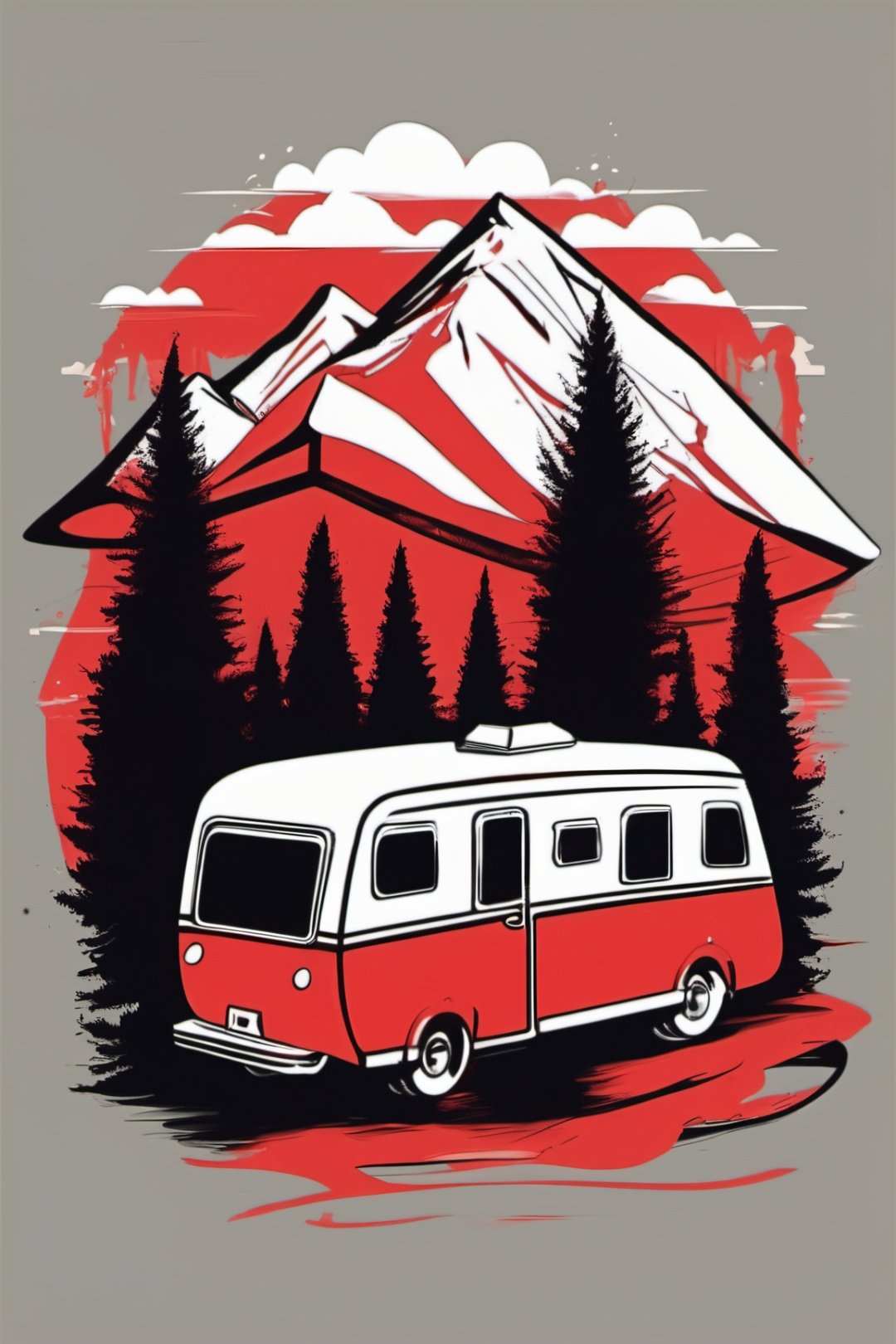 Vector t shirt art ready to print colorful graffiti illustration of a red caravan, swiss alplands, tall  trees, summer, mountains,vector art illustration