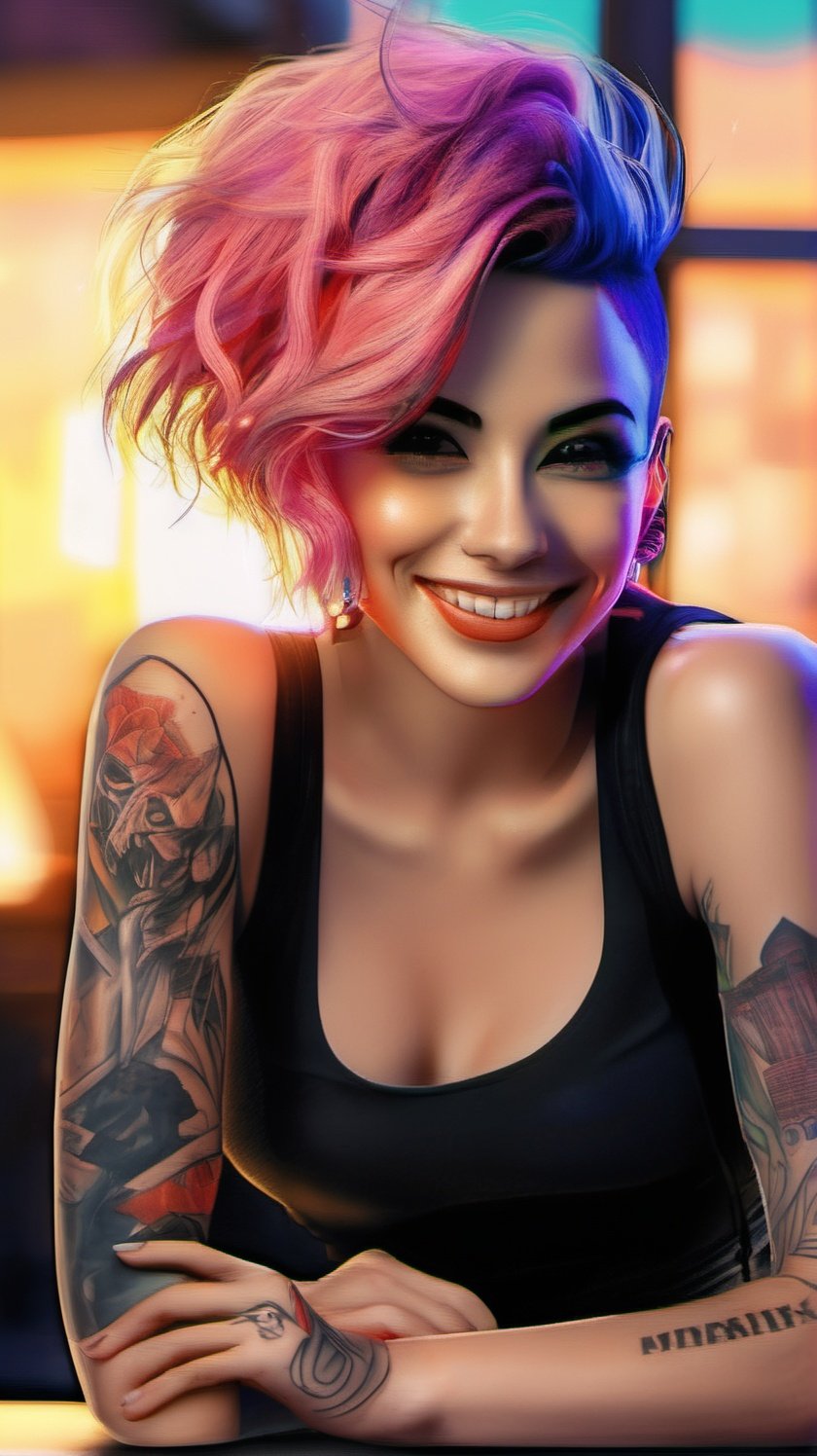 masterpiece, best quality, 8k, cinematic lighting, stunning portrait photo of jdycp, , multicolored hair, undercut, tattoo, front facing towards the camera, tank top, black jeans, looking_at_viewer, charming_smile, cowboy shot, sexy, cyberpunk_desk,
vector art illustration