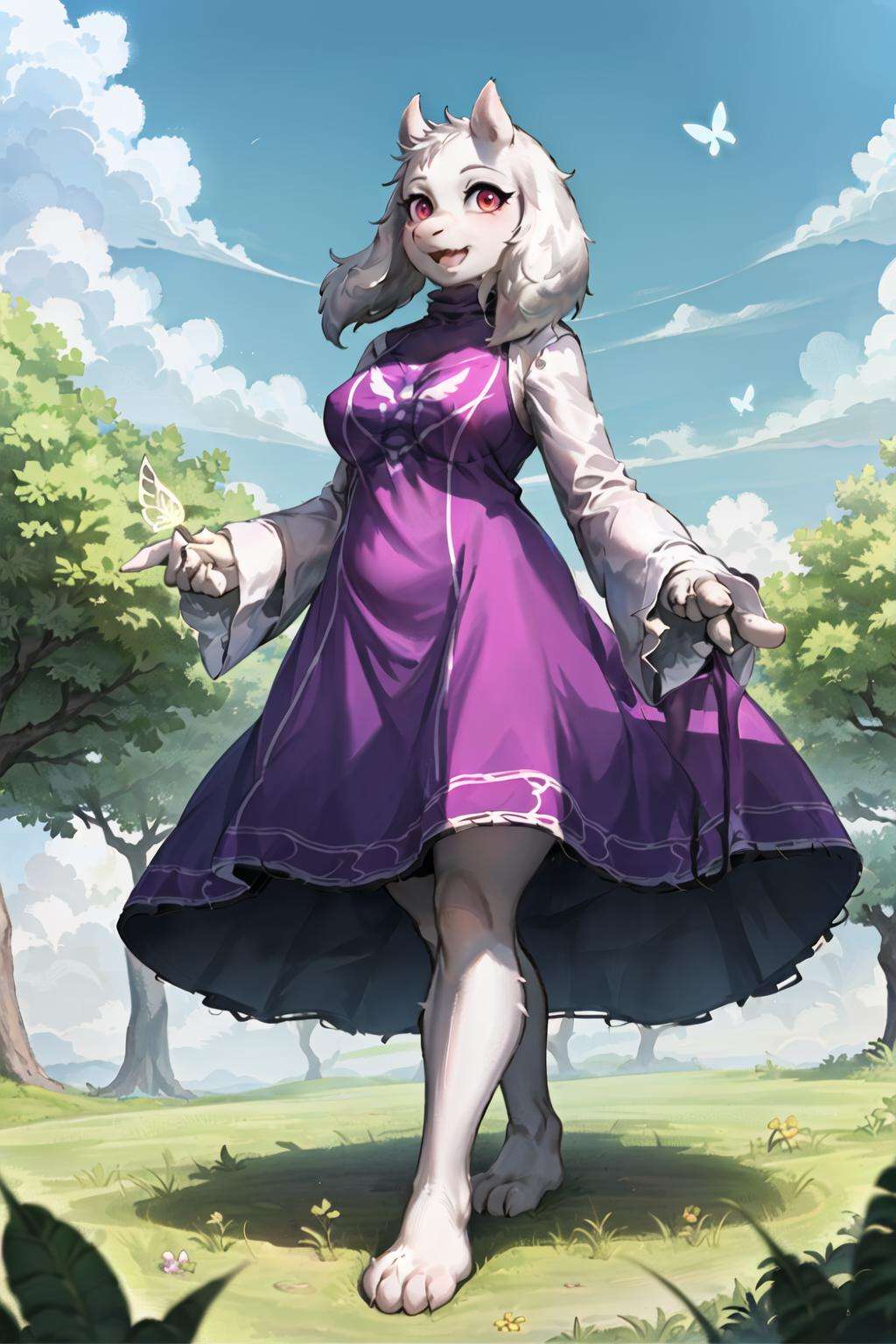 toriel, 1girl, animal_nose, purple_dress, blue_sky, body_fur, breasts, bug, bush, butterfly, cloud, cloudy_sky, day, dress, furry, furry_female, grass, mountain, nature, open_mouth, outdoors, pink_eyes, plant, sky, smile, snout, solo, standing, tree, white_fur, white_hair, white_skin  <lora:ChumpyChoo_Char_Toriel:0.7>