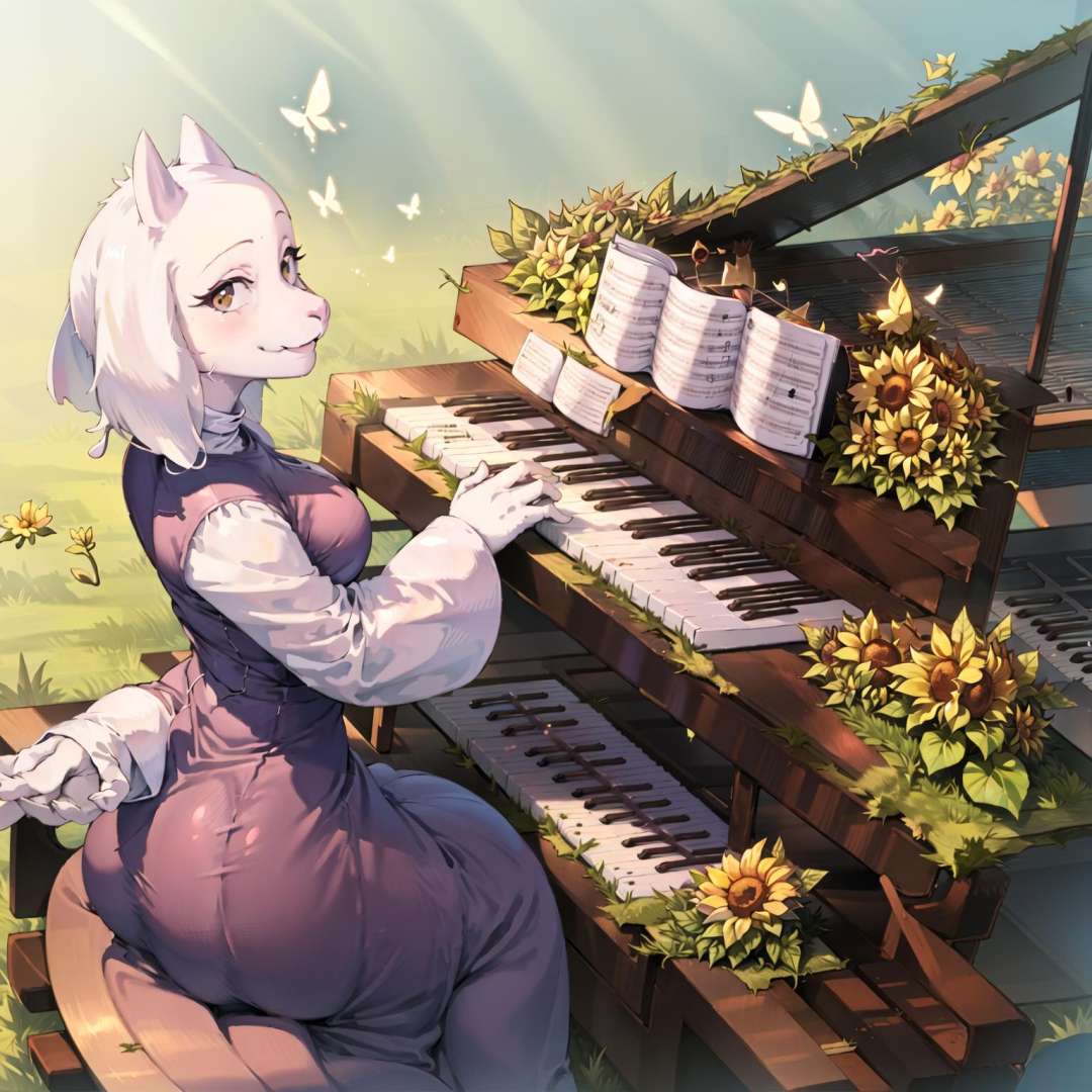 toriel, 1girl, animal, animal_ears, bird, blue_butterfly, book, bug, butterfly, daisy, dandelion, flower, flower_pot, fox, furry, furry_female, glowing_butterfly, grass, instrument, lily_\(flower\), music, musical_note, open_book, piano, pink_flower, plant, playing_instrument, potted_plant, sheet_music, sitting, smile, solo, sunflower, tail, vase, white_butterfly, white_flower, yellow_butterfly, yellow_flower, <lora:ChumpyChoo_Char_Toriel:0.8>