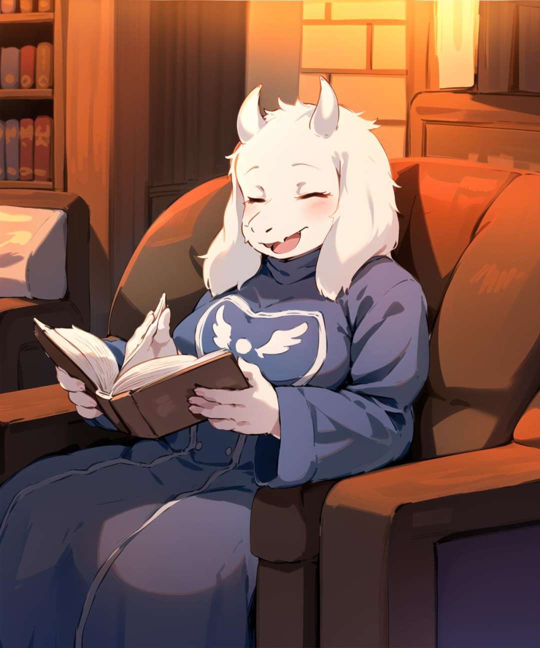 toriel, 1girl, book, chair, closed_eyes, furry, furry_female, goat_ears, goat_girl, holding, holding_book, indoors, open_mouth, reading, sitting, smile, solo  <lora:ChumpyChoo_Char_Toriel:0.7>