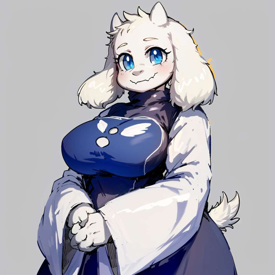 toriel, 1girl, :3, animal_ears, blue_eyes, breasts, closed_mouth, clothing_cutout, furry, furry_female, looking_at_viewer, simple_background, smile, solo, white_background, white_fur, white_hair <lora:ChumpyChoo_Char_Toriel:0.8>