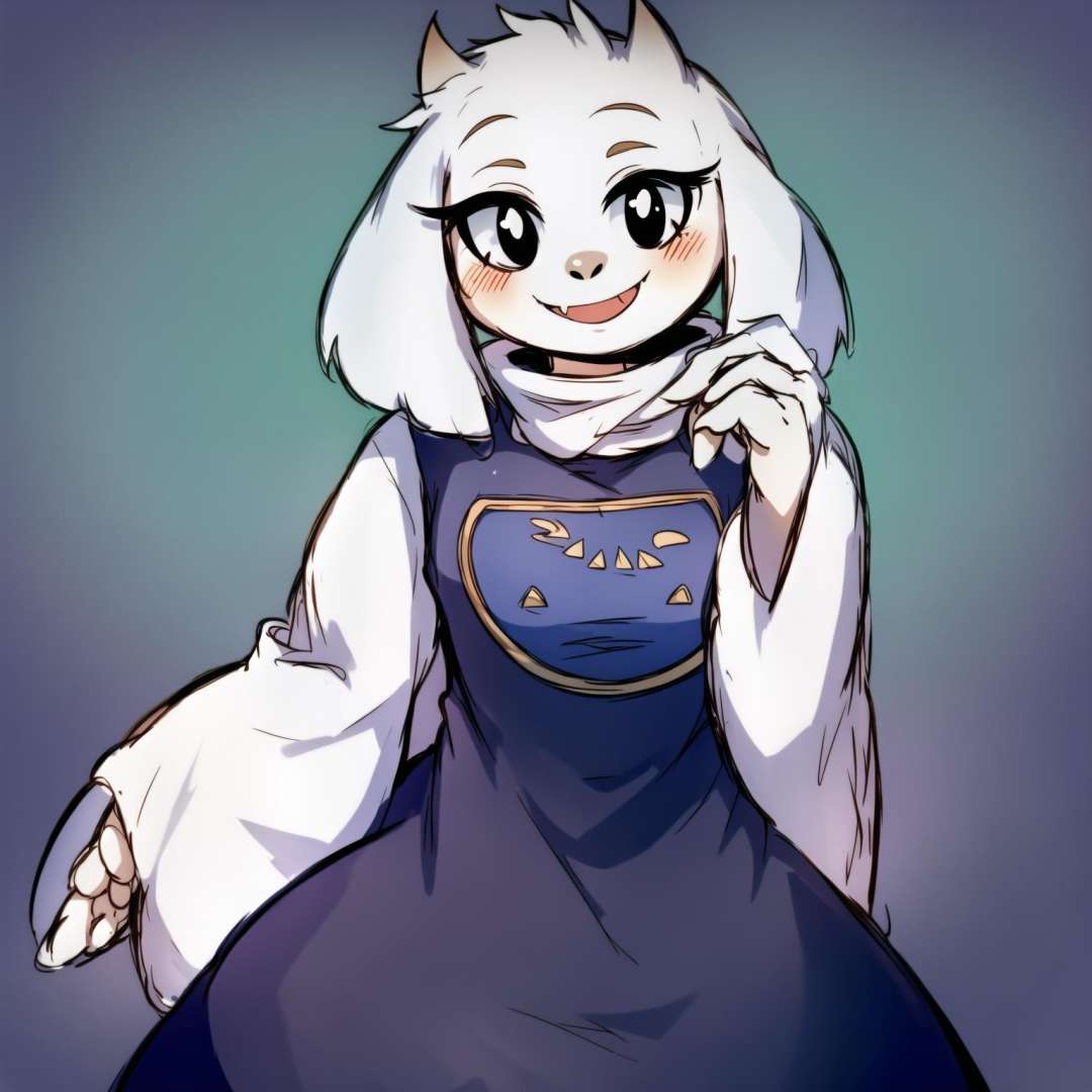 toriel, 1girl, black_eyes, black_sclera, colored_sclera, dress, furry, furry_female, looking_at_viewer, simple_background, smile, solo, white_hair, wide_sleeves <lora:ChumpyChoo_Char_Toriel:0.7>