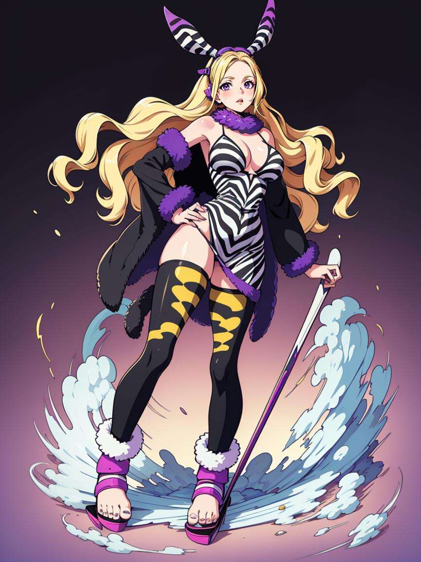 (full body,solo:1.2),(masterpiece,best quality:1.5), 1lady, zebra print dress, sexy,<lora:cloudstick-f:1>,cloudstick, (electric purple gradient background), long wave hair, (Ski resort:1.2)