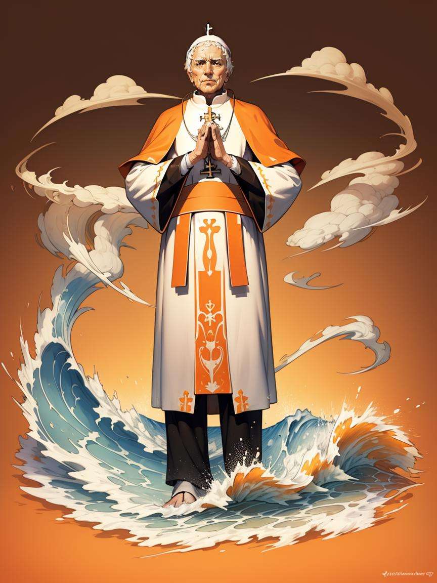 (full body,solo:1.2),(masterpiece,best quality:1.5), <lora:cloudstick-f:1>, cloudstick, waves, coloful, led light, (Orange gradient background), Pope John Paul II