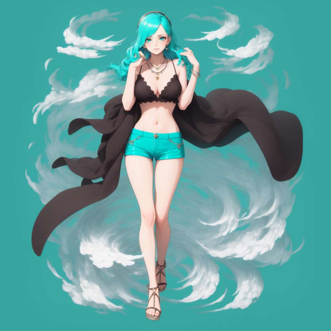 (Turquoise background:1.1), (full body,solo:1.2),(masterpiece,best quality:1.5), 1lady, solo, fullbody, medium breast, <lora:cloudstick:1:MIDD>, cloudstick, Shorts, Side part, necklace ,beauty marks,jewelry 