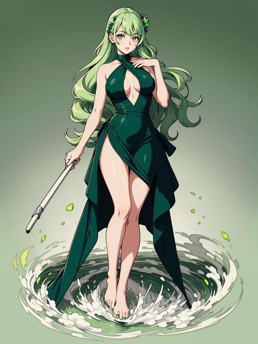(full body,solo:1.2),(masterpiece,best quality:1.5), 1lady, Gray dress, sexy,<lora:cloudstick-f:1>,cloudstick, (fluorescent green gradient background), long wave hair, (Rapids:1.2)