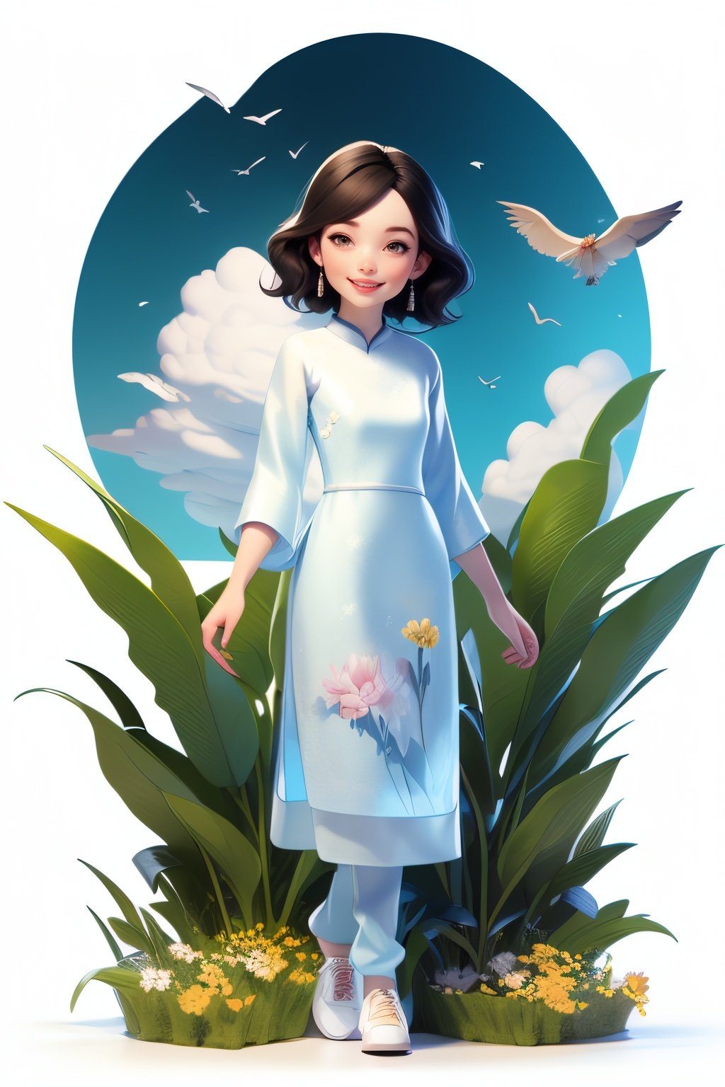 (masterpiece,best quality:1.5),(simple white background,cloud,waves,cloud:1.2) BREAK
1 girl,full body,(black hair:1.1),short hair ,(aodai:1.1),white shoes,deep blue wear,
🌼 , smile ,
,aodai