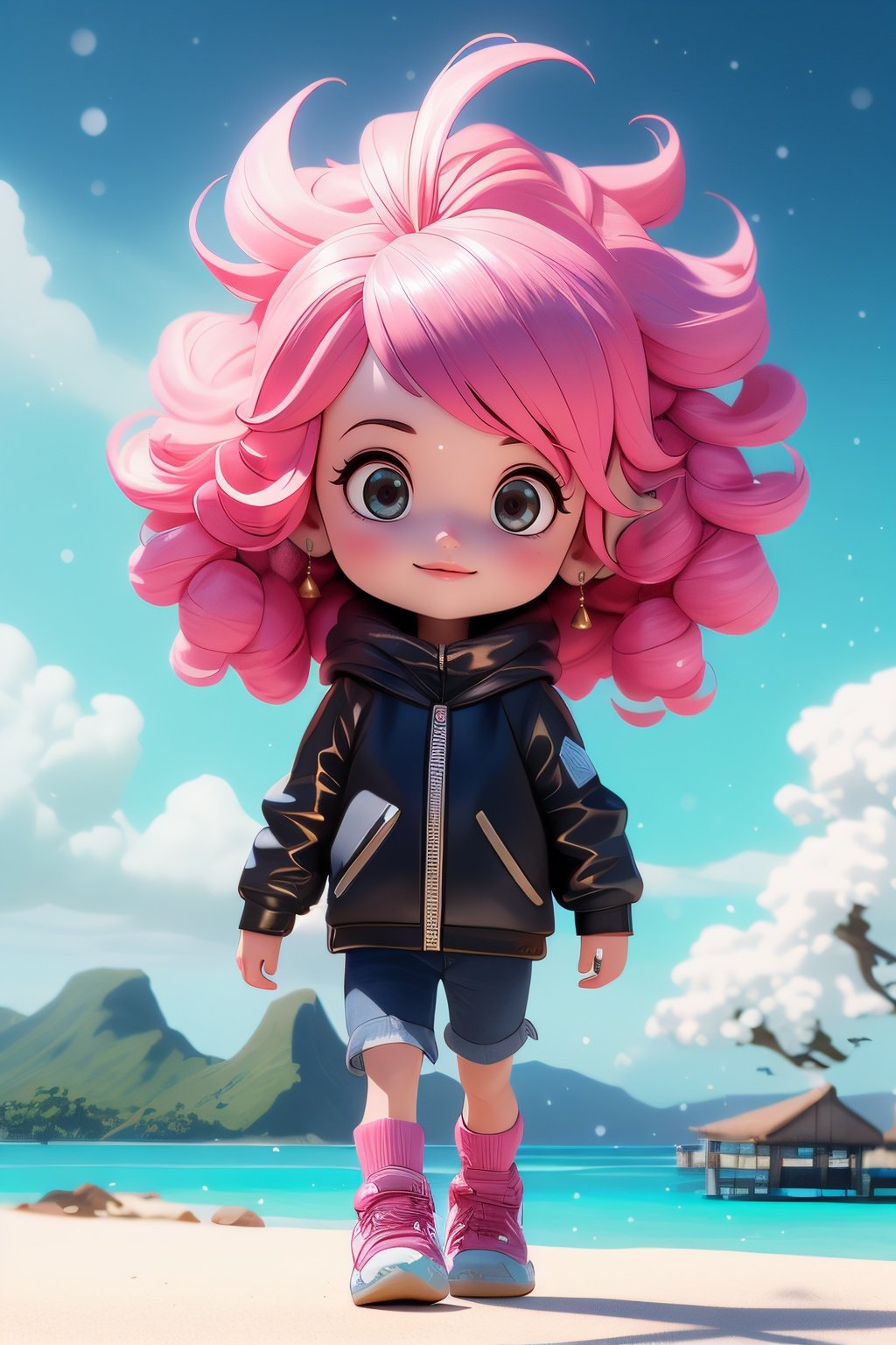 masterpiece,ultra realistic,32k,extremely detailed CG unity 8k wallpaper, best quality,(winter day ),lady ,necklace ,eardrop, Bora Bora, French Polynesia, ( Bronze Incorporating metallic accents ) , Pastel pink hair messy hair ,
