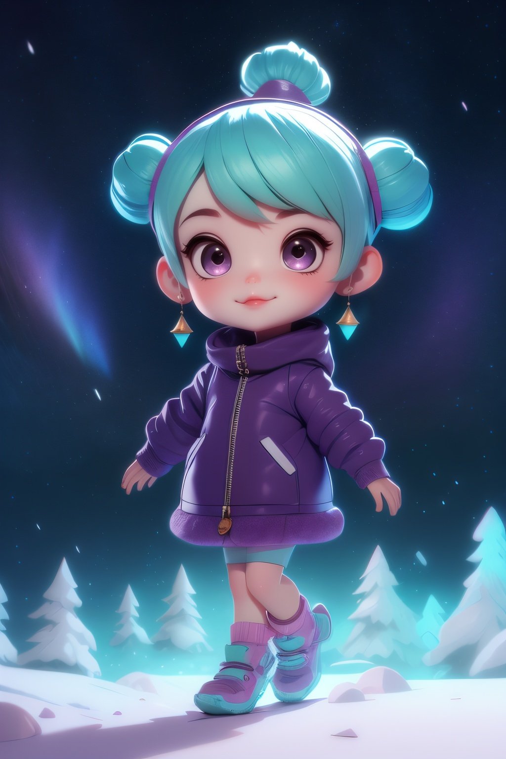 coloful, Azure gradient background,, masterpiece,ultra realistic,32k,extremely detailed CG unity 8k wallpaper, best quality,(winter day ),lady ,necklace ,eardrop, The Northern Lights, Norway, ( dark violet Mixing and matching different shades of the same color ) , aqua hair hair Low bun ,
