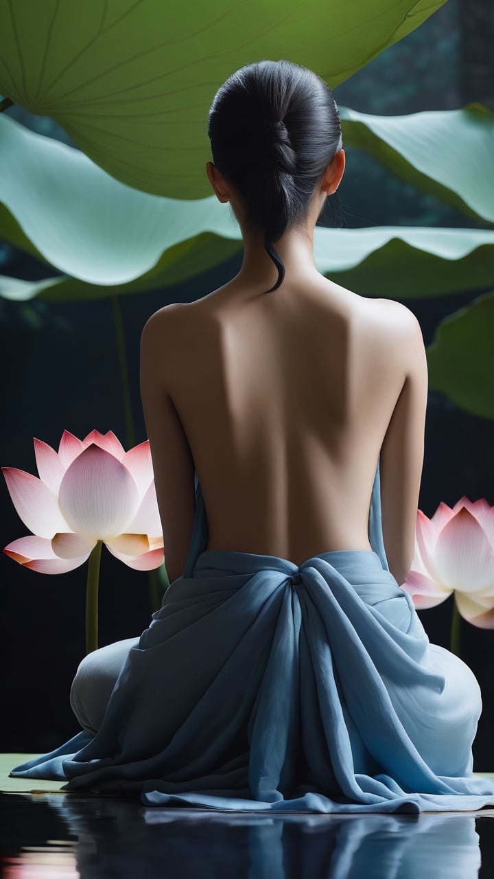 ((best quality)), ((masterpiece)), (detailed), (realistic),NYFlowerGirl, solo, sitting, 1girl, long hair, from behind, nude, flower, reflection, indian style, back, ponytail, very long hair, blue skin, lotus, facing away