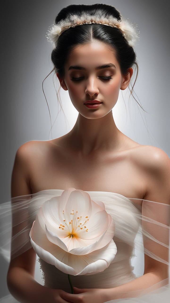 ((best quality)), ((masterpiece)), (detailed), (realistic),NYFlowerGirl, 1girl, black hair, closed eyes, solo, dress, flower, bare shoulders, short hair, standing, white dress, strapless, strapless dress, hair bun, facing viewer