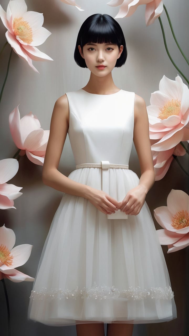 ((best quality)), ((masterpiece)), (detailed), (realistic),NYFlowerGirl, 1girl, solo, black hair, flower, dress, realistic, short hair, looking at viewer, white dress, sleeveless, standing, black eyes, sleeveless dress