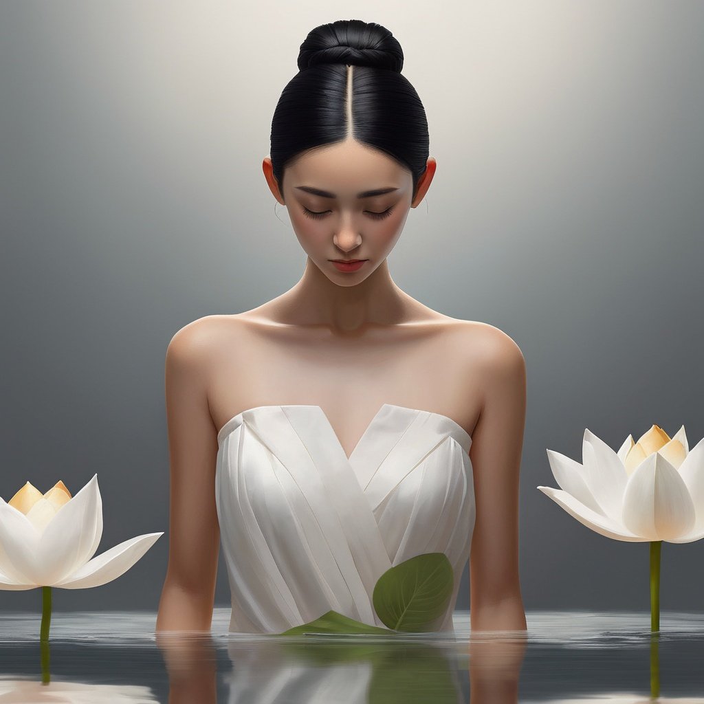 ((best quality)), ((masterpiece)), (detailed), (realistic),NYFlowerGirl, 1girl, black hair, flower, dress, solo, white dress, hair bun, single hair bun, reflection, closed eyes, water, dark-skinned female, dark skin, standing, collarbone, sleeveless, bare shoulders, facing viewer, grey background, sleeveless dress