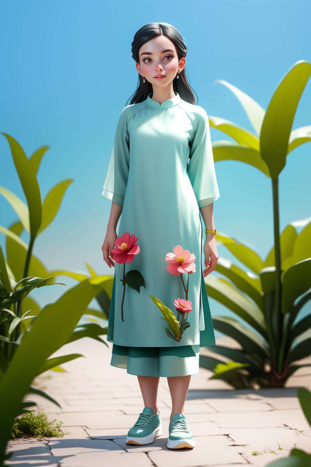 (masterpiece,best quality:1.5),white simple background,full body, (🌱,🌿,🌴,🌸:1.1), BREAK❄️,⚡️,🌹,😂, red wear,black hair, aodai, 1girl,solo, white shoes, chubby