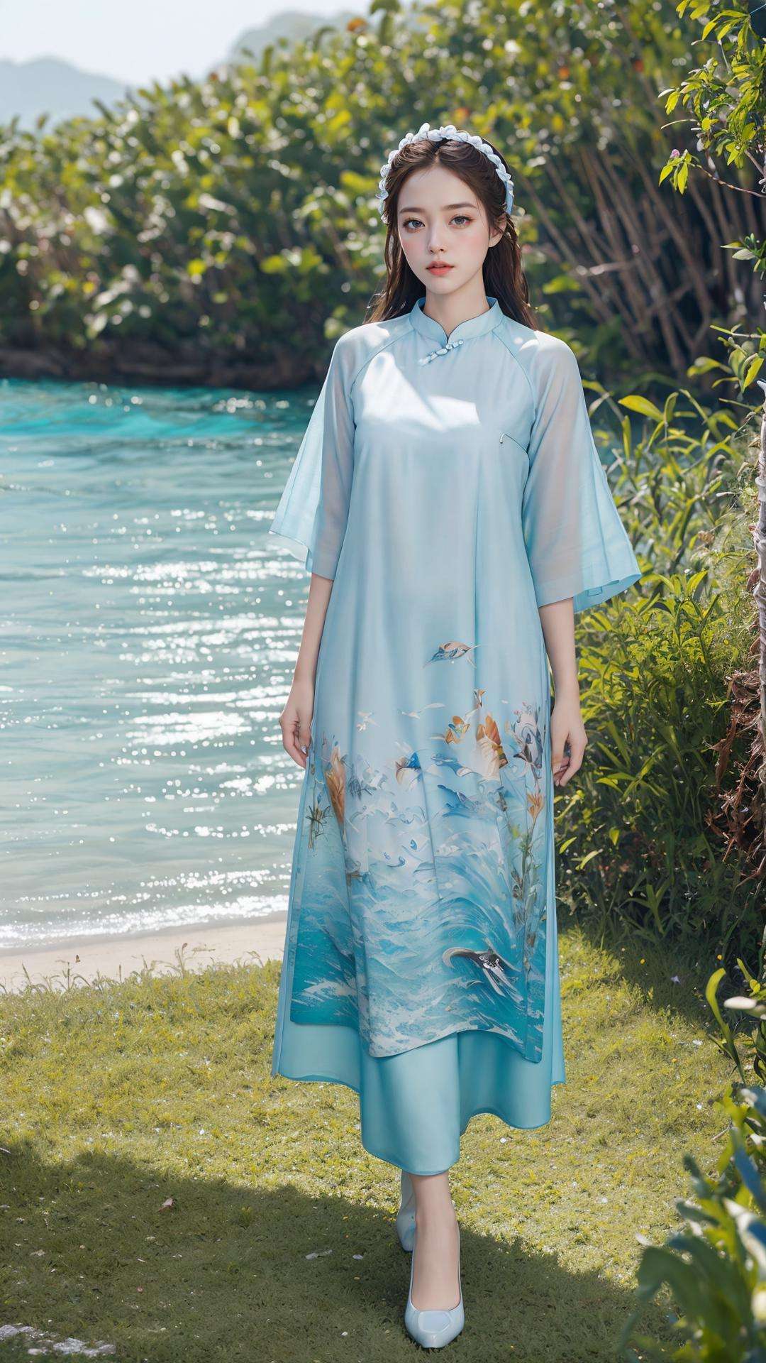 masterpiece,ultra realistic,32k,extremely detailed CG unity 8k wallpaper, best quality, by Konami studio,(🛕,🌊),🐚,🪸,🍂,<lora:aodai:1>aodai, 1girl