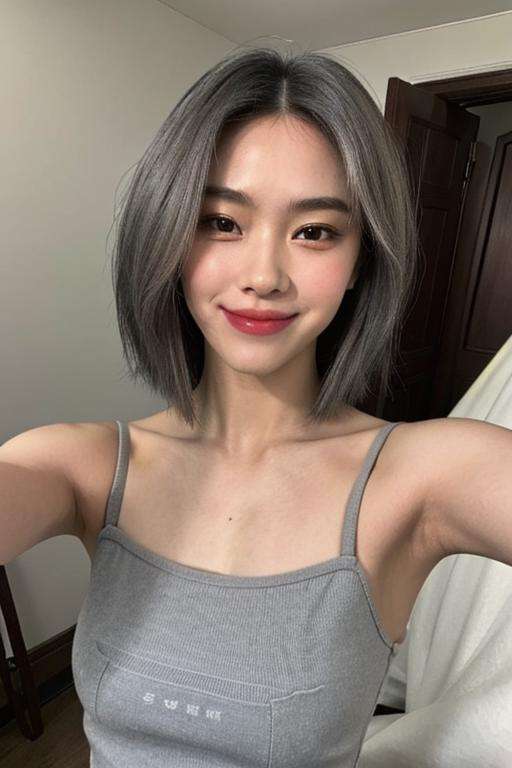 1girl,(masterpiece:1.2), (best quality:1.2), (extremely detailed), selfie from center front, (extremely detailed face), ((ultra-detailed eyes and pupils)), broad shoulder, (ultra detailed), 8k, photorealistic, pretty face, smile, instagram shot, instagram style, in the bedroom, looking at viewer, facing front, smiling, perfect skin, cinematic lighting, fair skin, black hair, high ponytail, black eyes, portrait photo, (medium breast:1.2), slim, no makeup, nikon RAW photo, 8k ,Fujifilm XT3, photorealistic, ((short grey hair)), armpits, pink top, detailed face, fair skin, perfect shape,  indoors, dim lighting, (looking at viewer:1.2),  <lora:ryujinlorashy:0.8>