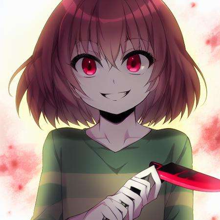 <lora:Undertale Chara:1> Undertale Chara, holding knife, evil smile, dark aura, looking at viewer