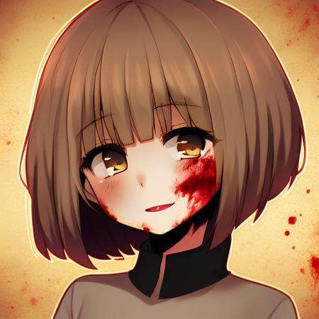 <lora:Undertale Chara:1>, Undertale Chara, realistic, best quality, high quality, brown hair, bob cut, short hair, sexy, blood