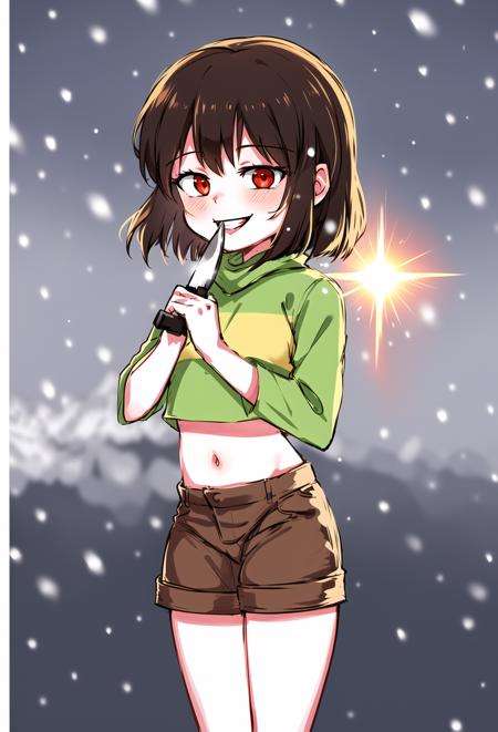 masterpiece, best quality, detailed, 1girl, crop top, striped, brown shorts, lens flare, bloom, outside, snow, snowing, blurry background, standing, chara, chara \(undertale\), red eyes, evil smile, young, child, holding knife, jcm2, <lora:ChumpChoo_Char_Chara:0.7> <lora:ChumpyChoo_Style_jcm2:0.4>