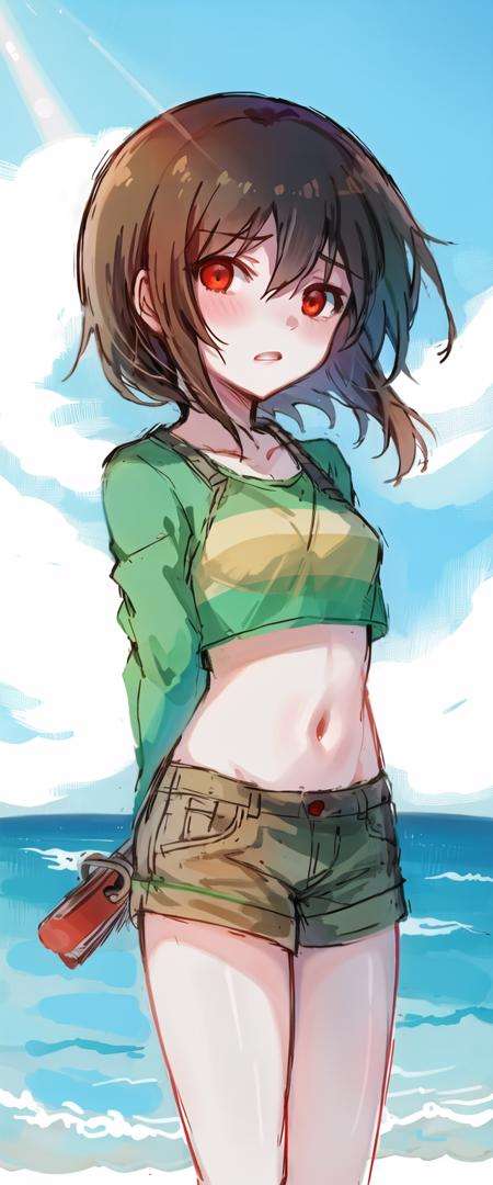 masterpiece, best quality, ((1girl)), chara, chara \(undertale\), ((red eyes)), brown hair, crop top, summer, beach, embarrassed, striped, young, child, blurry background, cinematic lighting, dramatic, <lora:ChumpChoo_Char_Chara:0.8>