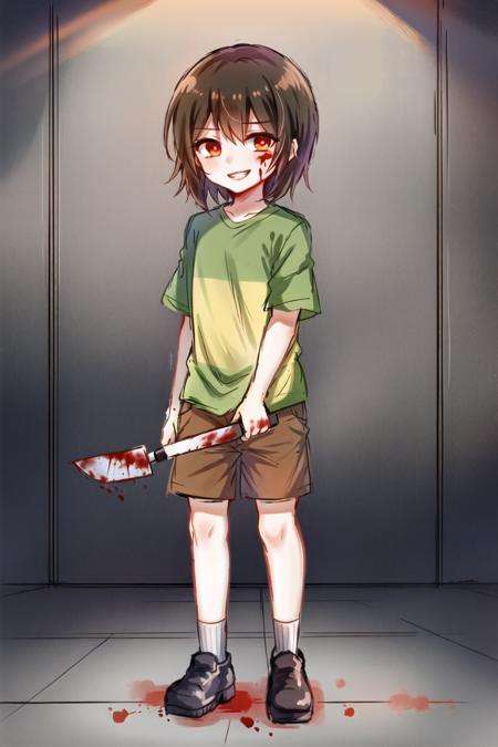 masterpiece, best quality, 1girl, striped shirt, one stripe on shirt, chara \(undertale\), chara, brown eyes, outside, brown shorts, ((red eyes)), holding a knife, blood on knife, knife, young, child, ruins, purple walls, purple floor, full body, evil smile, <lora:ChumpChoo_Char_Chara:0.6>