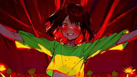 masterpiece, best quality, 1girl, red eyes, floating hair, striped shirt, t-shirt, brown shorts, outside, standing, chara, chara \(undertale\), evil smile, teenage, (small pupils, outstretched arms, constricted pupils, shaded face, one stripe:1.3), energy, dark aura, heart necklace, outdoors, flower field, yellow flower, blood splatter, light blush, looking at viewer, close-up, from below, darkness, <lora:ChumpChoo_Char_Chara:0.7>, <lora:add_detail:1>, <lora:GoodHands-vanilla:1>,  <lora:Constricted Pupils5:1>