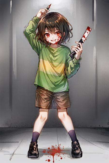 masterpiece, best quality, 1girl, striped shirt, one stripe on shirt, chara \(undertale\), chara, brown eyes, outside, brown shorts, ((red eyes)), holding a knife, blood on knife, knife, young, child, ruins, purple walls, purple floor, full body, evil smile, <lora:ChumpChoo_Char_Chara:0.6>