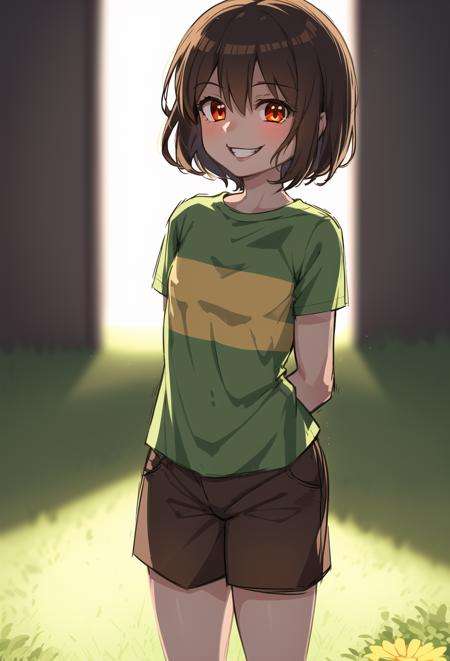 masterpiece, best quality, detailed, 1girl, striped shirt, t-shirt, brown shorts, lens flare, bloom, outside, standing, chara, chara \(undertale\), evil smile, young, child, ((one stripe)), arms behind back,  <lora:ChumpChoo_Char_Chara:0.7>