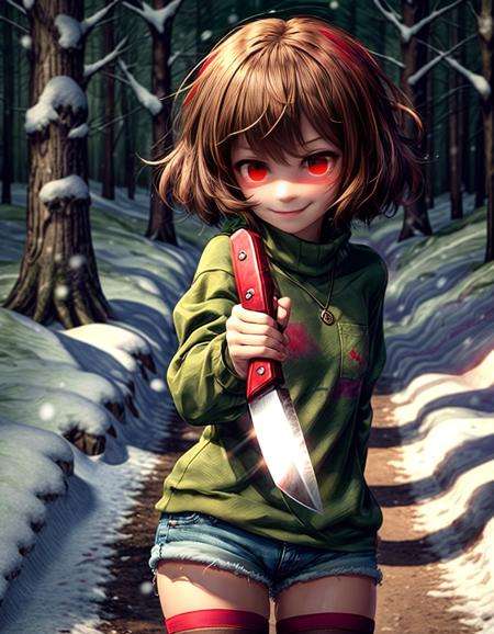 Undertale Frisk, <lora:Undertale Frisk:0.6>, ((best quality)), ((masterpiece)), (detailed),  Undertale Frisk, brown hair,  bob cut, short hair, 1girl, (solo:1.3),  (photorealistic:1.4), full body shoot, child, (short green shirt:1.3) , green, yellow striped shirt, shorts, (brown shorts:1.3),   <lora:more_details:1>, <lora:epiCRealismHelper:0.5>, pockerface, -_-, standing, maniac grin, smile,  underground world, undertale, nighttime,  (cute:1.4), short in shorts, winter, snow, snowscape, forest, black legwear, black kneehighs, lot of snow, Zettai ryōiki, chara, yandere, wide open eyes, crazy eyes, knife in hand, (red eyes:1.5), blush, nose blush, 